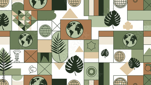 A vibrant geometric pattern featuring Earth globes, tropical leaves, and abstract shapes in earthy tones.