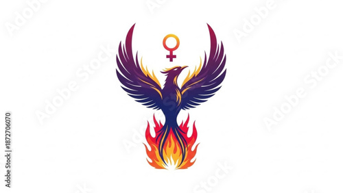 Vibrant purple phoenix bird rising from flames with female symbol on white background with feminism and empowerment and strength and resilience