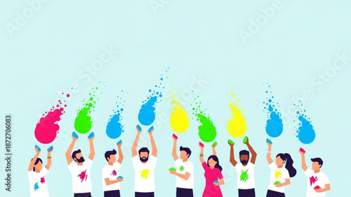 Diverse group of people celebrating with colorful paint splatters in the air on a light blue background with celebration and happy people and festive atmosphere
