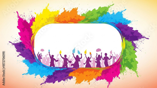 Vibrant colorful paint splashes surround a white frame with joyful silhouettes of people celebrating and dancing with colorful balloons with festive