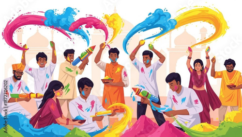 Vibrant group of people celebrating holi festival with colorful powders and waters with celebration and joy and India and traditional and cultural