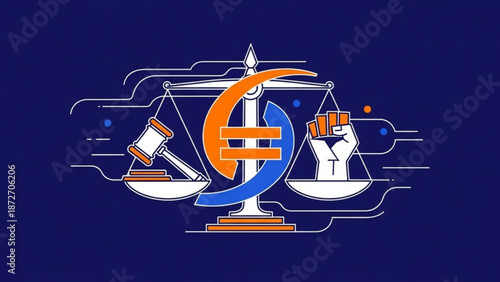 Scales of justice with gavel and fist symbol representing law and protest vector illustration on blue background