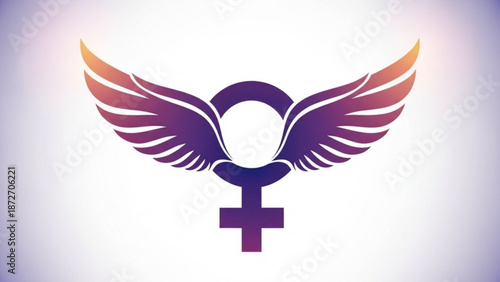 Vibrant purple and orange gradient winged female symbol on white background representing empowerment and freedom with feminism and equality and feminist