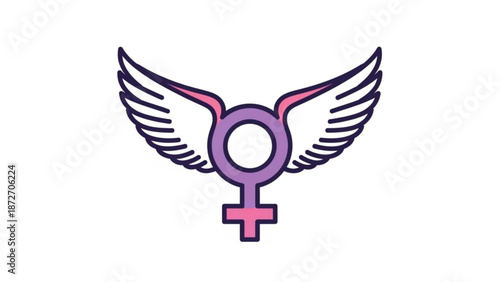 Vibrant purple and pink winged female symbol on white background for feminist and empowerment concepts with feminist symbol and female empowerment