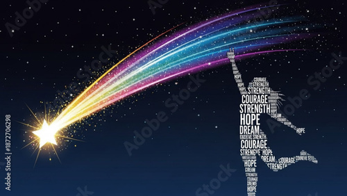 Vibrant shooting star with inspirational word cloud forming an arrow shape against a starry night sky with motivation and motivation art and hope