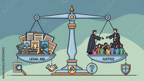 Scales of justice balancing legal aid and courtroom justice concept of law and fairness illustration for legal services