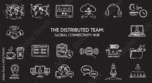 Collection of hand-drawn icons illustrating global connectivity and distributed team concepts on a dark background.