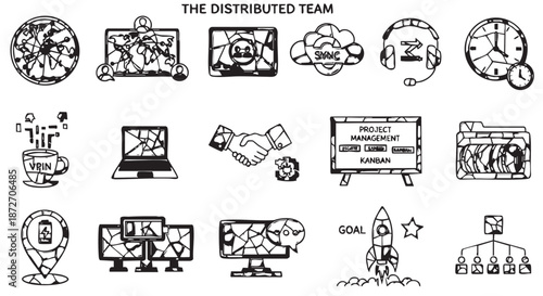 Collection of hand-drawn icons illustrating the concept of a distributed team working remotely and collaborating effectively.