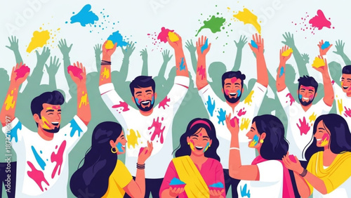Vibrant holi celebration with joyful people throwing colorful powders in the air wearing white and traditional indian clothing expressing happiness and festivity