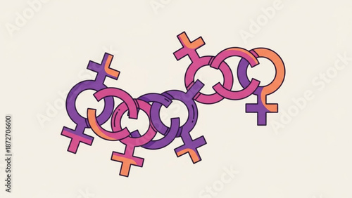 Interconnected colorful female and male gender symbols in purple pink and orange hues representing unity and diversity with equality and inclusivity