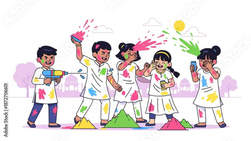Children celebrating holi festival with colorful powder and water guns outdoors in a vibrant and joyful scene with celebration and play and fun