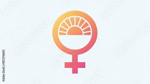 Vibrant orange and pink female symbol with sunburst design on white background representing female empowerment and equality with equality symbol