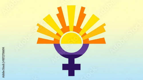 Female symbol with rising sun illustration representing empowerment and feminism on gradient background with female empowerment and equality