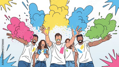 Diverse group of friends celebrating with colorful smoke bombs and hands raised in joy and excitement on a white background with abstract shapes