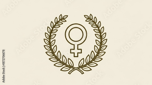 Female gender symbol encircled by laurel wreath on beige background representing feminism and female empowerment in a minimalist vector graphic design