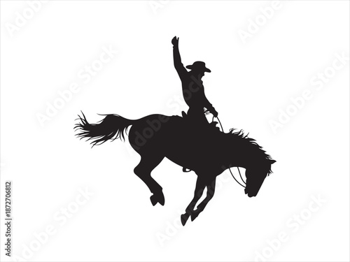 Bold black vector silhouette of cowboy riding bucking bronco vector, A cowboy rides a bucking bronco in a rodeo silhouette vector illustration