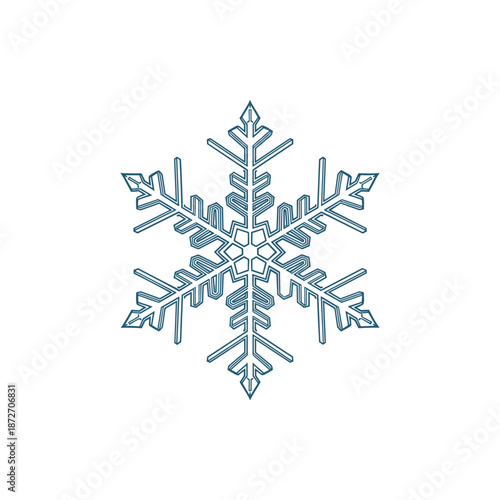 Detailed illustration of a delicate snowflake with intricate crystal patterns on a white background, representing winter and cold weather