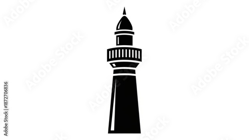 A black silhouette of a tall tower with a pointed top and a balcony set against a plain white background symbolizing architecture and design