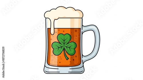 A cartoon illustration of a frothy beer mug with a green shamrock on a white background for st patrick's day celebration with Patrick s and irish