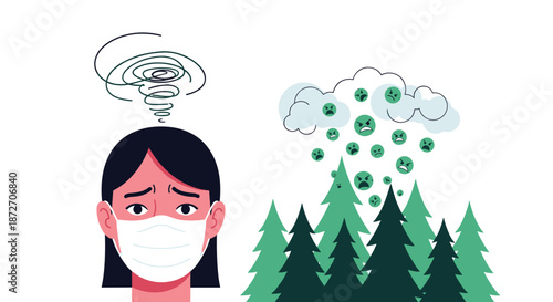 Concerned woman wearing a protective face mask experiences an allergic reaction as pollen particles from pine trees float through the air.