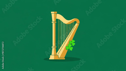 A golden harp with shamrocks on a green background for st patrick's day celebrations and irish heritage with St Patrick s Day and Celtic and music instrument