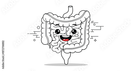 Friendly cartoon character of the human large and small intestines is shown with a broad smile and big eyes in a clean black line art style.