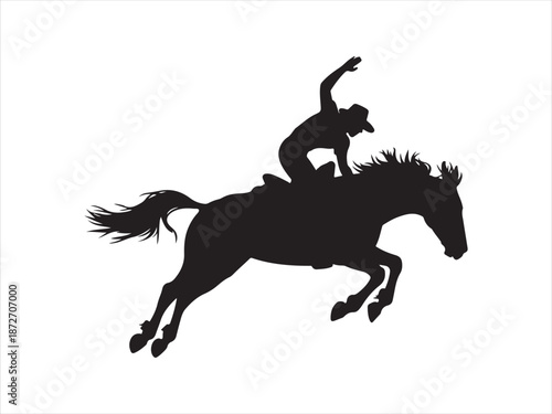 Bold black vector silhouette of cowboy riding bucking bronco vector, A cowboy rides a bucking bronco in a rodeo silhouette vector illustration