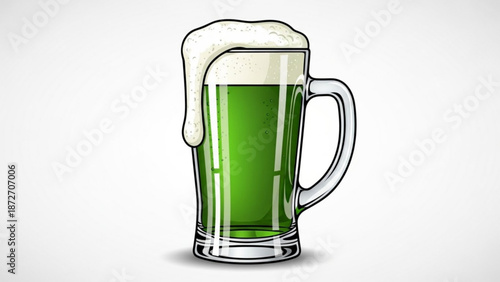 A vibrant green beer in a tall glass with overflowing foam on a white background for st patrick's day celebrations with St Patrick s Day and beer glass