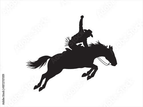 Bold black vector silhouette of cowboy riding bucking bronco vector, A cowboy rides a bucking bronco in a rodeo silhouette vector illustration