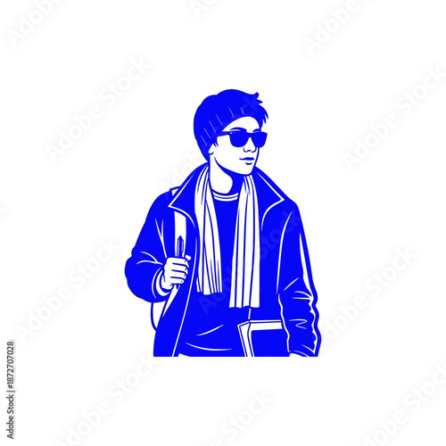 A stylish young man with sunglasses and a scarf, wearing a jacket and carrying a backpack, depicted in a bold blue graphic illustration