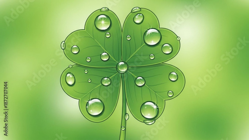 A vibrant green four leaf clover with dew drops on its leaves against a soft green gradient background symbolizing luck and nature with plant