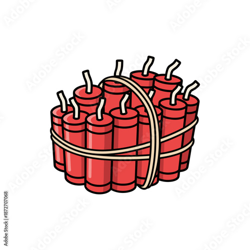 Vibrant illustration showcasing a tightly bound bundle of red dynamite sticks with their fuses, symbolizing potent energy, imminent explosive power, or a dangerous, critical situation