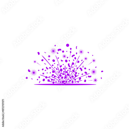 Dynamic purple burst illustration radiating energetic particles and stars, symbolizing celebration, excitement, and festive joy in a modern graphic style
