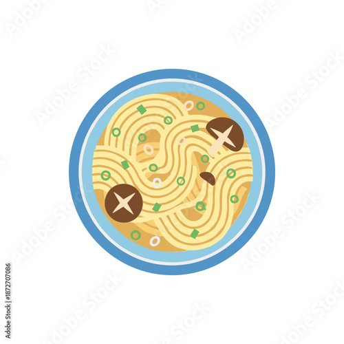 Vibrant top-down illustration of a steaming bowl of delicious Asian noodle soup, featuring savory mushrooms and fresh green onions in a blue-rimmed dish, depicting a popular comfort food concept