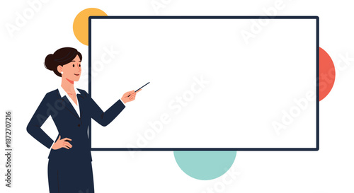 Confident businesswoman in a dark suit stands beside a blank white presentation board, ready to lead a corporate meeting or workshop.