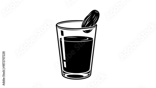 A black and white illustration of a glass with a dark beverage and a spoon sticking out of it on a plain background with drink and monochrome