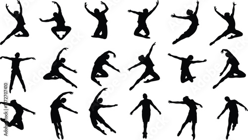 Black silhouettes of dancers in dynamic poses showcasing expressive movement, choreography, artistic performance, balance, and energetic human body motion