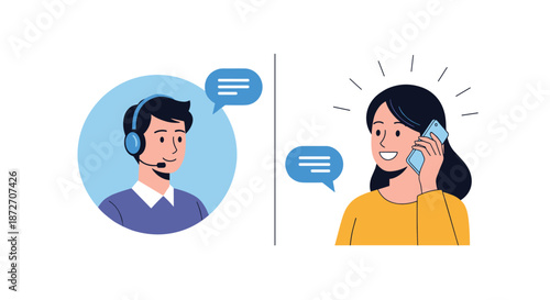 Split screen illustration depicts a male customer service agent with a headset talking to a young woman who is using her mobile phone.