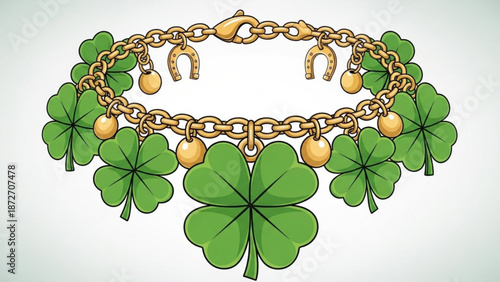Gold chain bracelet adorned with green four leaf clover charms and horseshoe pendants on white background with gold bracelet and lucky charm