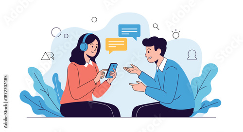 Two young people, a man and a woman, are engaged in a friendly conversation while using their smartphones with speech bubbles around them.