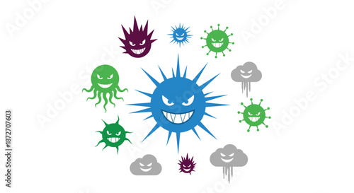Collection of stylized virus and germ characters with menacing faces are arranged in a circle, highlighting the diversity of pathogens.