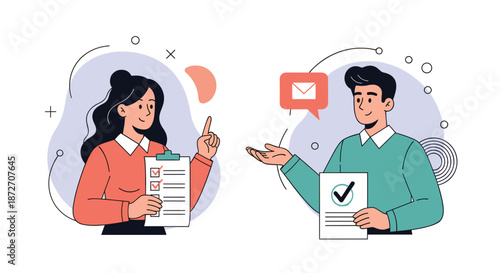 Business professionals communicating effectively by sharing checklists and verified documents through digital mail services.