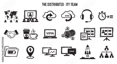 A comprehensive collection of black and white vector icons illustrating various aspects of a modern distributed IT team's workflow, collaboration, and digital business operations.