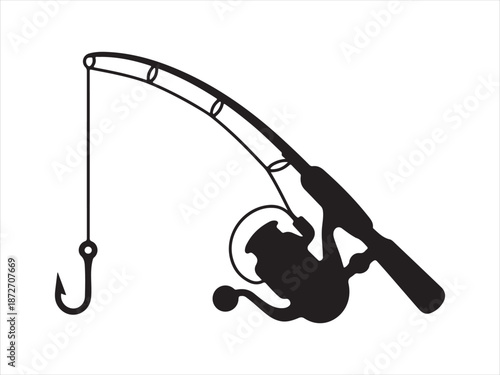 A silhouette fishing rod is angling with a hook vector, Fishing Rod with Reel and Hook Silhouette on White Background
