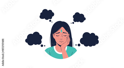 Stressed woman experiencing mental exhaustion and depression with multiple dark thought bubbles surrounding her head.