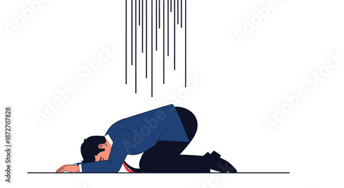 Businessman in a suit kneeling on the ground in deep despair or profound apology with vertical lines representing pressure.