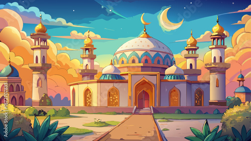 Beautiful mosque with dome and minarets under night sky