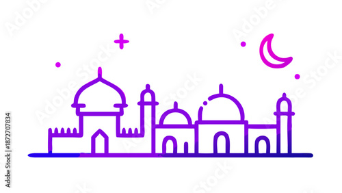 Mosque illustration with crescent moon and stars