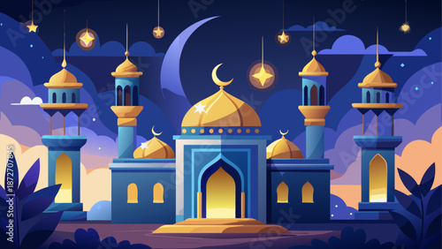 Beautiful mosque with golden dome and minarets at night