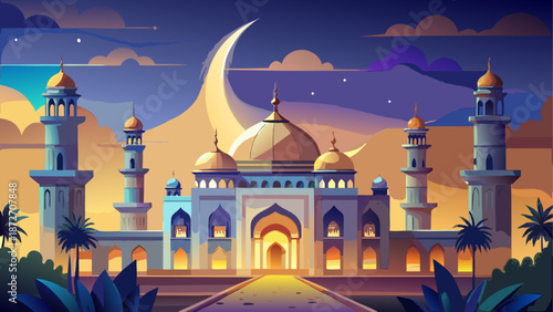 Beautiful mosque with crescent moon in the night sky